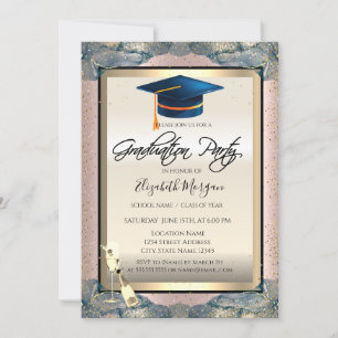 Invitation Casquette Bleu Grad, Vin, Rose Confetti Diplôme d'