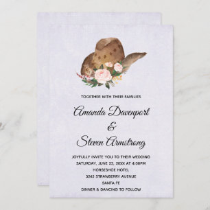 Invitation Casquette Cowboy Brown avec Mariage Fleurs roses