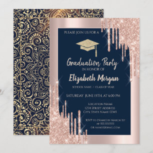 Invitation Casquette de grade, Rose Gold Drives, Marine Blue