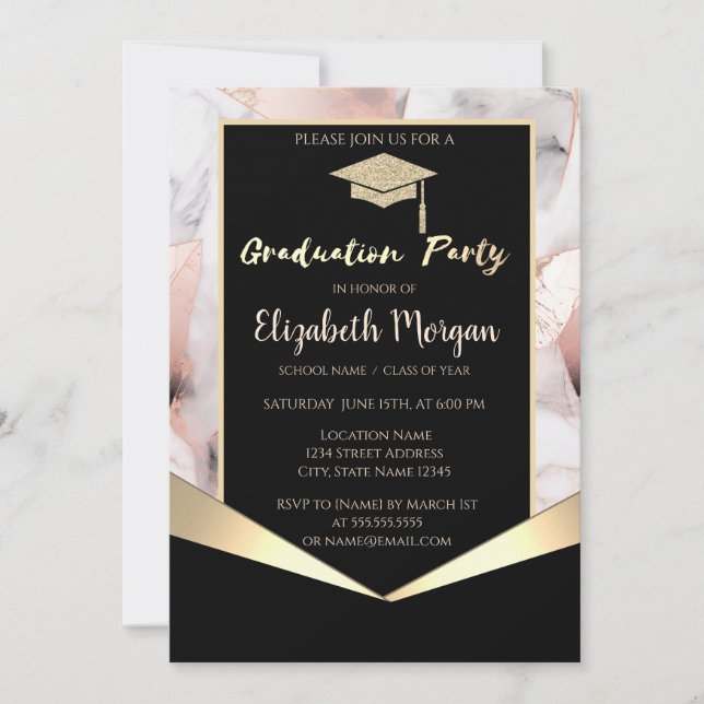 Invitation Casquette de grade, Rose Gold Marbre géométrique G (Devant)