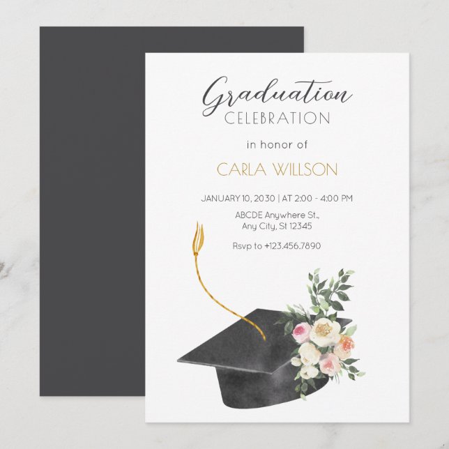 Invitation Casquette de graduation minimaliste avec invitatio (Devant / Derrière)