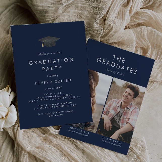 Invitation Casquette de la marine chic Photo Double Graduatio (Créateur téléchargé)