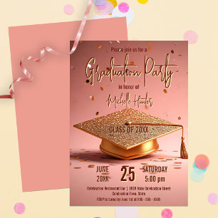 Invitation Casquette de remise de diplôme dorée chic sur rose