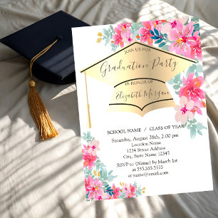 Invitation Casquette de remise de diplôme dorée Fleurs de pri