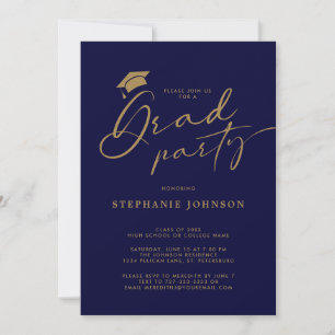 Invitation Casquette de remise de diplôme Navy Or Calligraphi