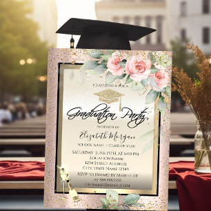 Invitation Casquette de remise de diplôme,Verre à vin,Fleurs