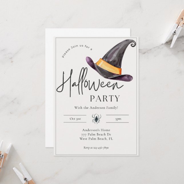 Invitation Casquette de sorcière moderne minimal Halloween Pa (Devant/Arrière en situation)