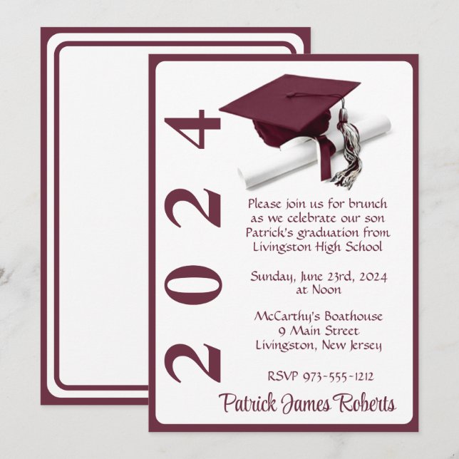 Invitation Casquette & Diplôme 5x7 Maroon & White Graduation (Devant / Derrière)