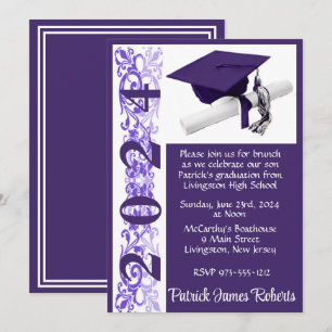 Invitation Casquette & Diplôme 5x7 Purple & Blanc Graduation