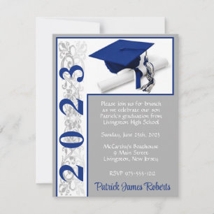 Invitation Casquette & Diplôme, Bleu & Gris