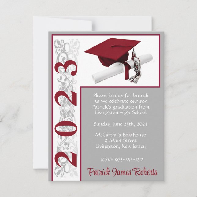 Invitation Casquette/Diplôme, Cardinal Rouge, Gris, Blanc (Devant)