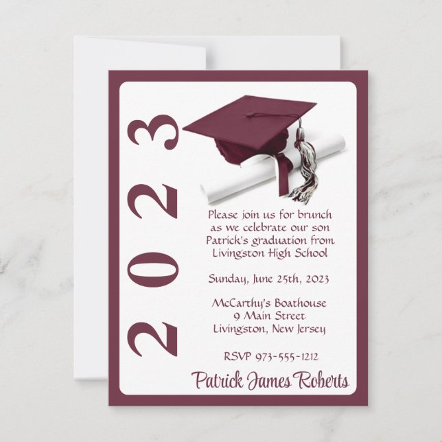 Invitation Casquette & Diplôme, Maron & White Graduation (Devant)
