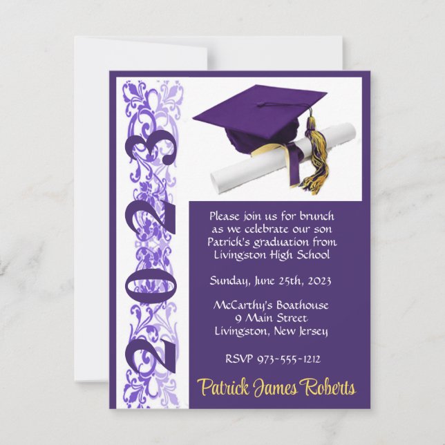 Invitation Casquette & Diplôme, Purple & Gold Graduation (Devant)