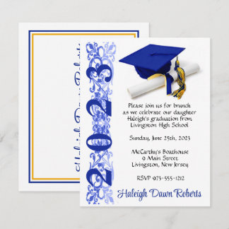 Invitation Casquette & Diplôme, Royal Blue & Gold Graduation