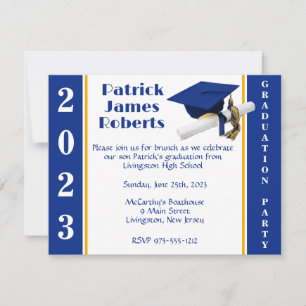 Invitation Casquette & Diplôme, Royal Blue & Gold Graduation