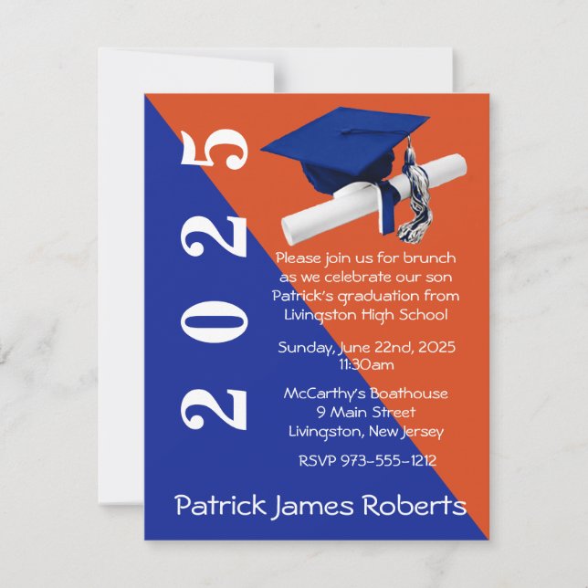 Invitation Casquette & Diplôme, Royal Blue & Orange Graduatio (Devant)