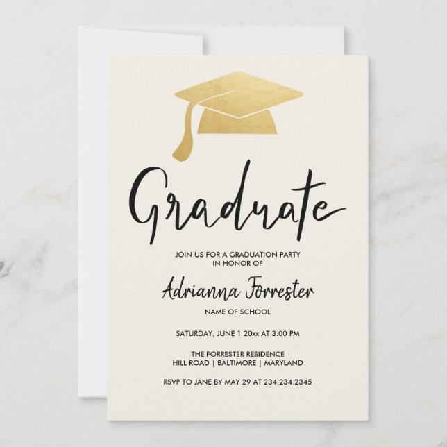 Invitation Casquette diplômé Script Faux Gold Foil (Devant)