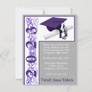 Invitation Casquette & Diplôme, violet, gris, blanc
