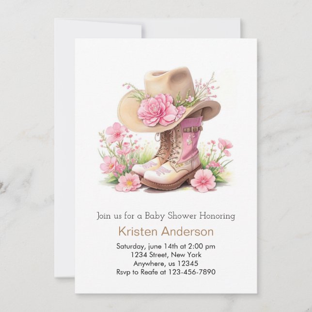 Invitation Casquette et bottes Baby shower rustique de fille  (Devant)