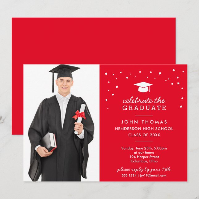 Invitation Casquette et Confetti avec photo, Graduation Rouge (Devant / Derrière)