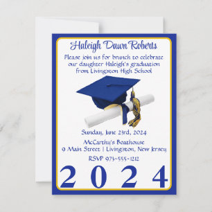 Invitation Casquette et diplôme Royal Blue & Gold Graduation 
