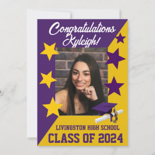 Invitation Casquette et étoiles 5x7 Purple et Gold Graduation