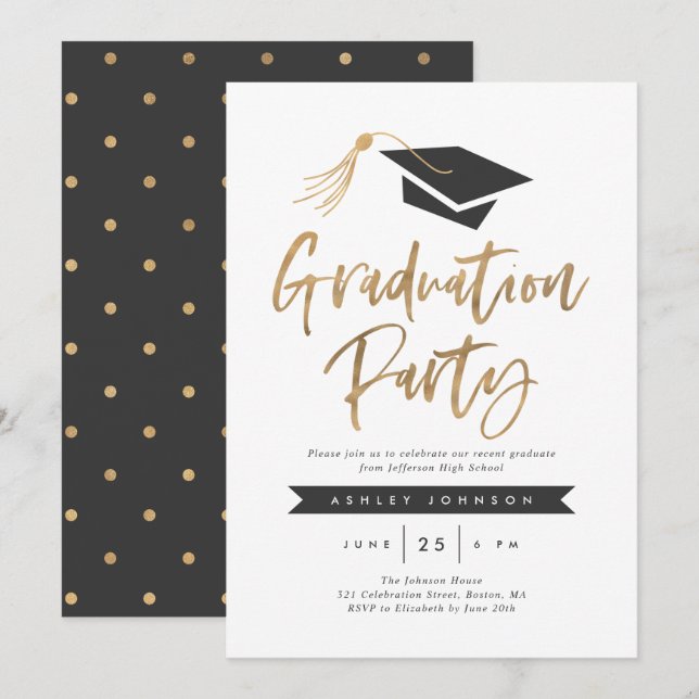 Invitation Casquette et Tassel Graduation Party Gold Foil (Devant / Derrière)