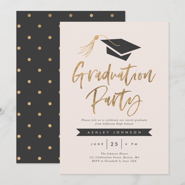 Invitation Casquette et Tassel Graduation Party Gold Foil Blu (Devant / Derrière)