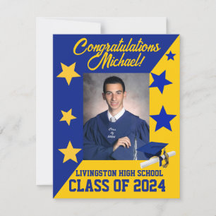 Invitation Casquette & étoiles Royal Blue & Gold Graduation