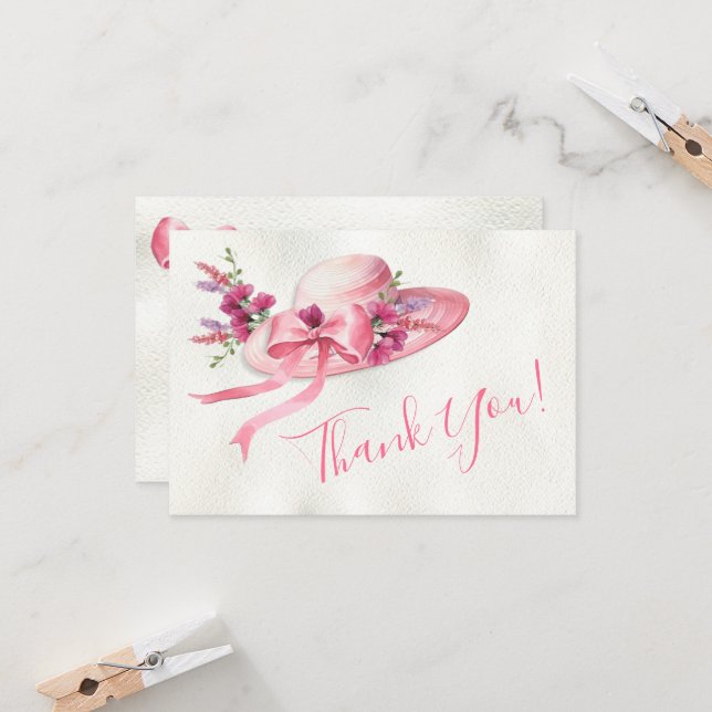 Invitation Casquette floral rose Derby Bridal Merci note (Devant/Arrière en situation)