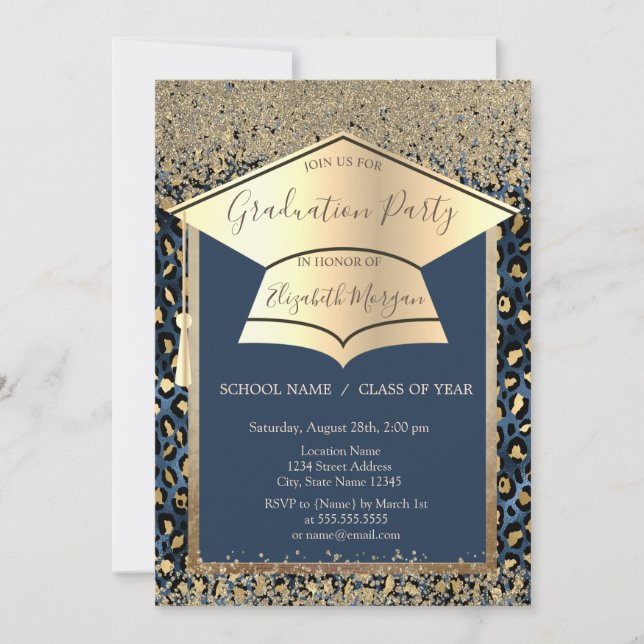 Invitation Casquette Gold Grad, Diamonds Blue Leopard Graduat (Devant)