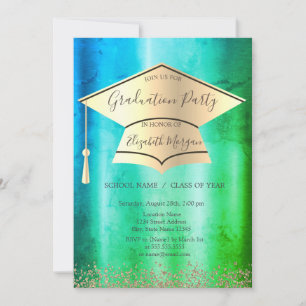 Invitation Casquette Gold Grad, Gold Diamonds Green Graduatio