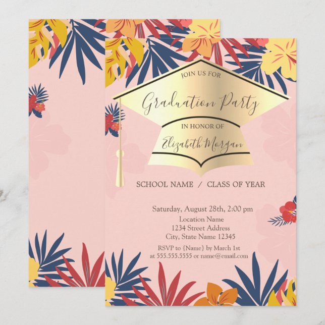 Invitation Casquette Gold Grad, Palm Feuille Fleurs Graduatio (Devant / Derrière)