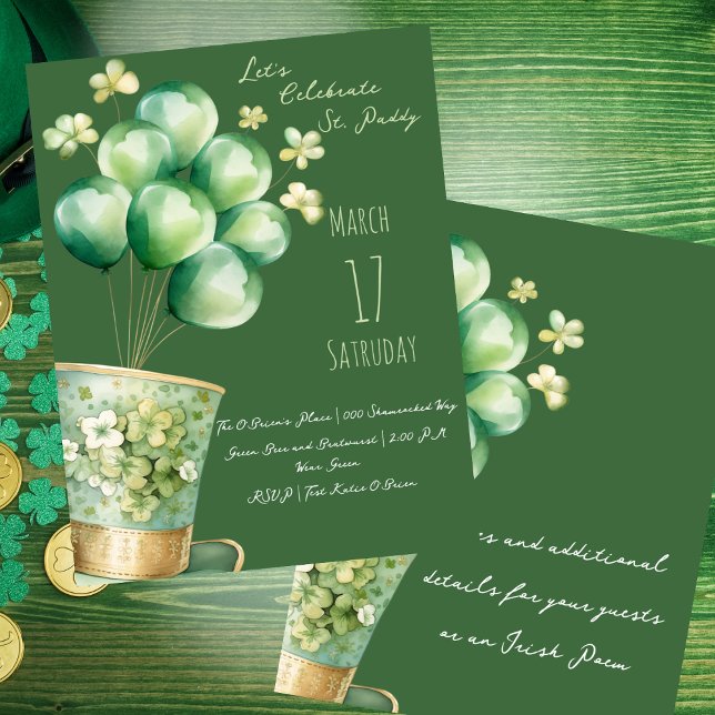 Invitation Casquette Leprechaun avec ballons et Shamrocks (Gold and Irish green shamrocks and top hat with balloons St Patrick's Day customizable party invites)