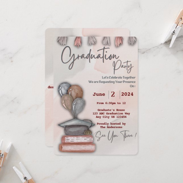 Invitation Casquette, livre et ballons de fin d'études (Devant/Arrière en situation)