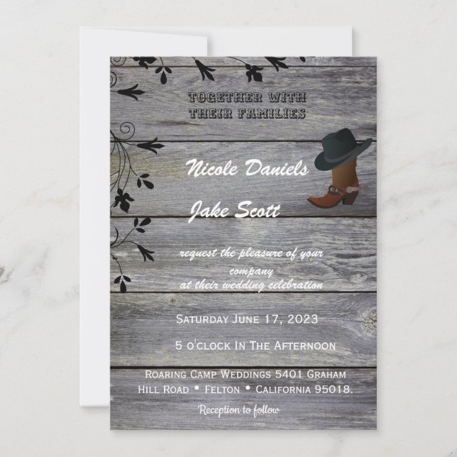 Invitation Casquette noir et Cowboy Boot classique Mariage ru (Devant)