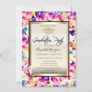 Invitation Casquette, Verre à vin, Fleurs Confetti Graduation