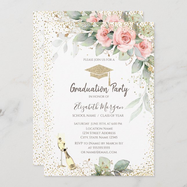 Invitation Casquette, Verre à vin, Graduation des fleurs (Devant / Derrière)