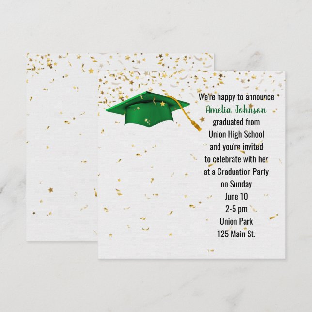 Invitation Casquette verte avec Confetti Or (Devant / Derrière)