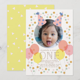 Invitation Casquettes de fête et ballons rose photo 1er anniv