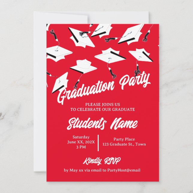 Invitation Casquettes de graduation Rouge et blanc Photo Grad (Devant)