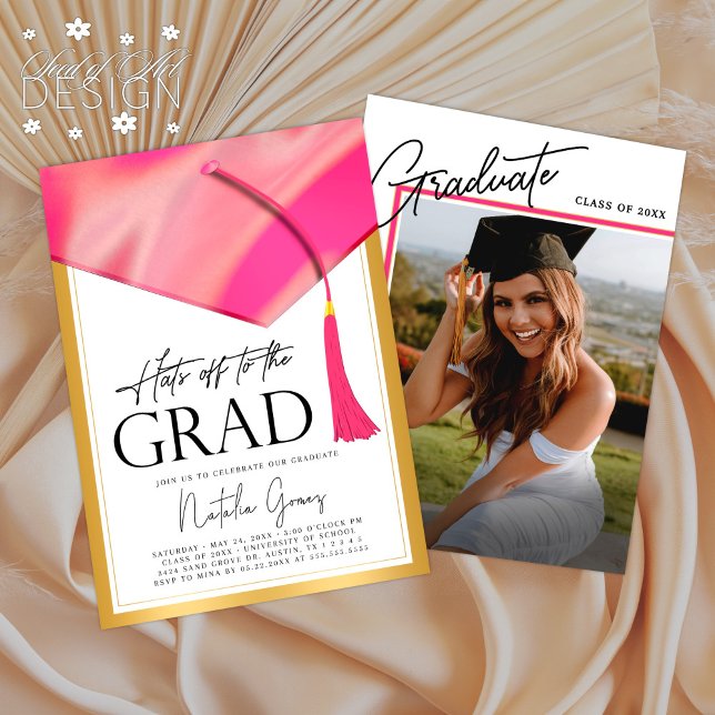 Invitation Casquettes de la photo de graduation en rose et or (Créateur téléchargé)