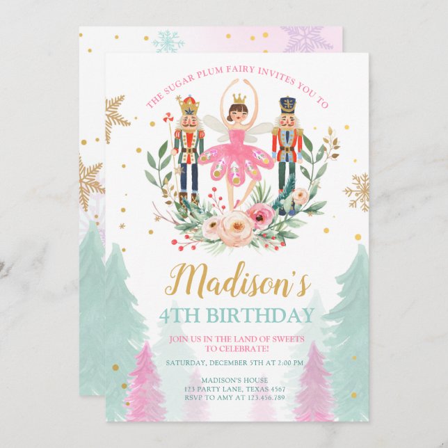 Invitation Casse-noisette Anniversaire Fille Ballet Fille Sug (Devant / Derrière)