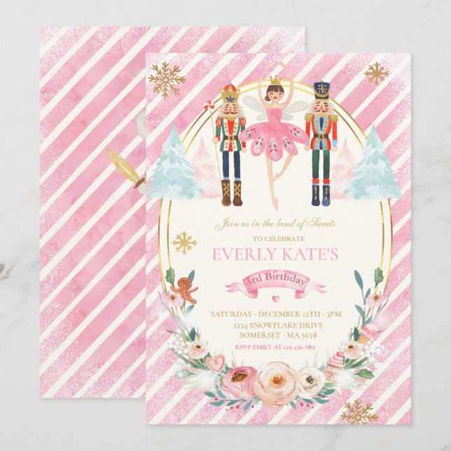 Invitation Casse-Noisette Rose Et Or Anniversaire Fée De Plum (Devant / Derrière)