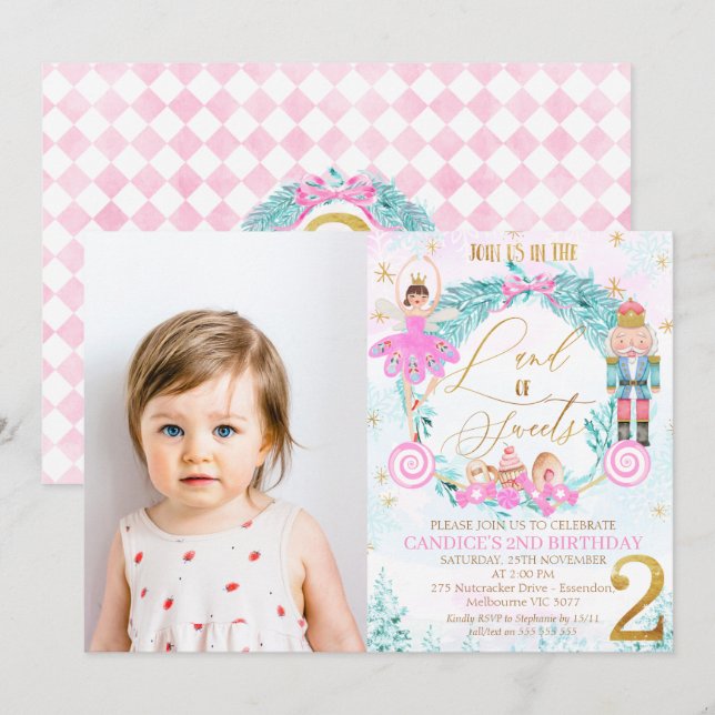 Invitation Casse-noix de couronne Terre de sucreries 2e anniv (Devant / Derrière)