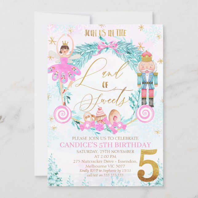 Invitation Casse-noix de couronne Terre de sucreries 5e anniv (Devant)