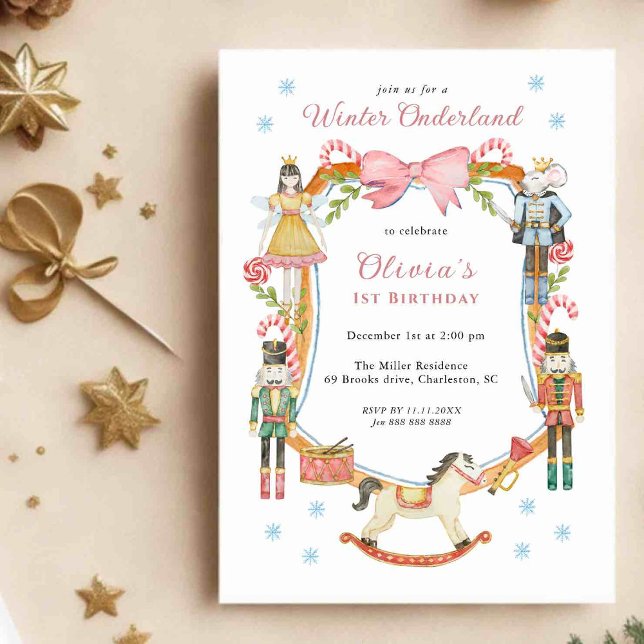 Invitation Casse-noix rose mignonne Fille de Noël 1er anniver (Créateur téléchargé)