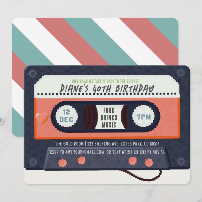 Invitation Cassette des années 80 Musique Rouge Anniversaire (Devant / Derrière)