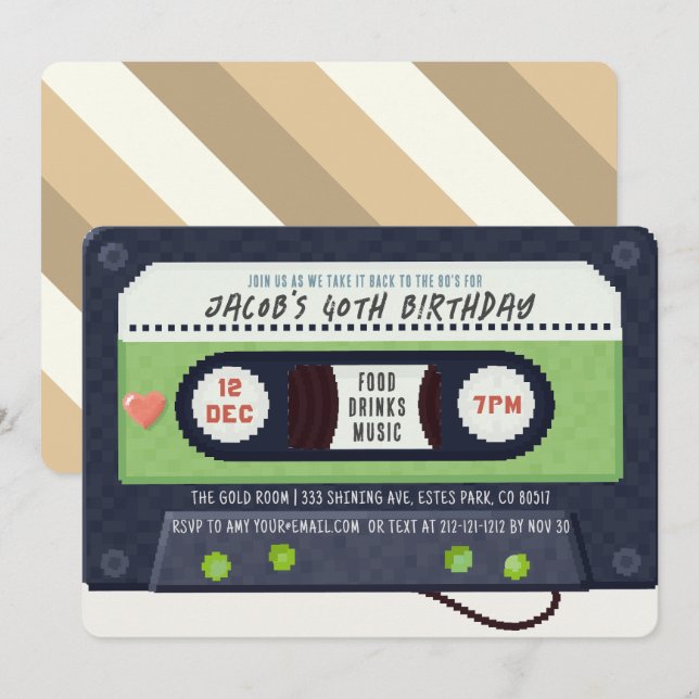 Invitation Cassette des années 80 Musique Vert Anniversaire (Devant / Derrière)