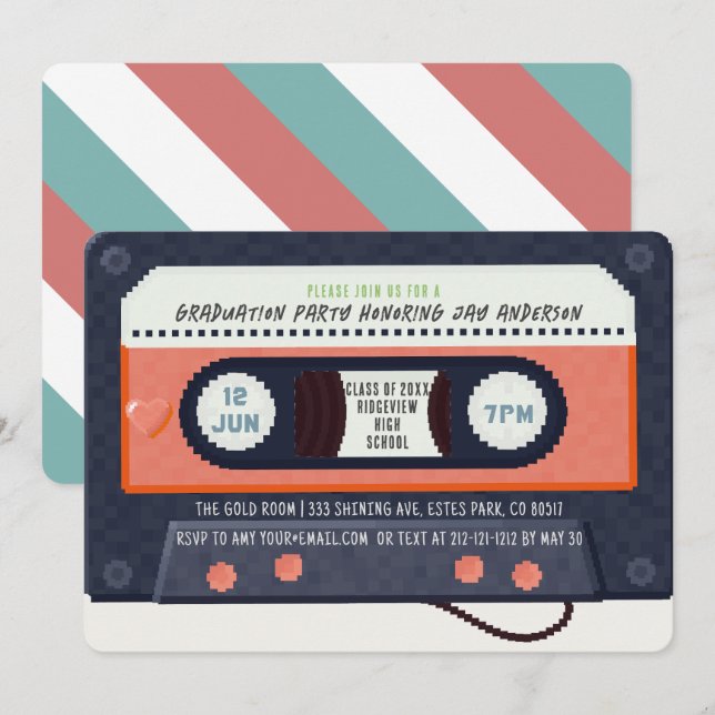 Invitation Cassette des années 80 Retro Musique Rouge Graduat (Devant / Derrière)